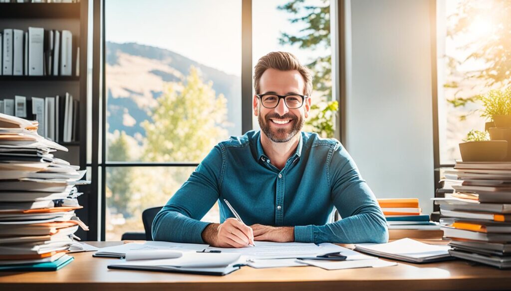 Person at desk using ProWritingAid Review, embodying productivity and satisfaction in a clutter-free environment.