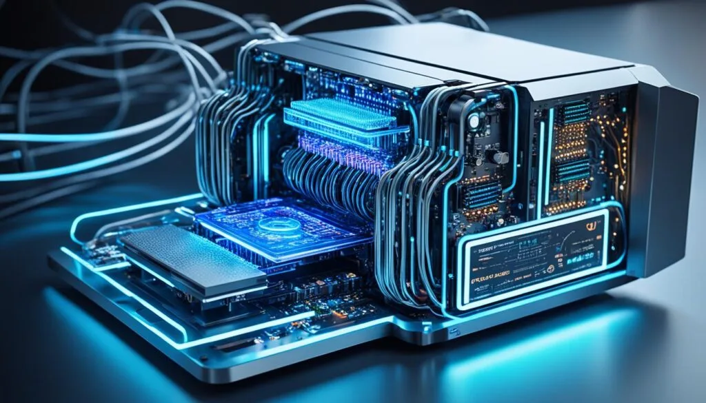 Futuristic machine with glowing blue circuitry processing information rapidly