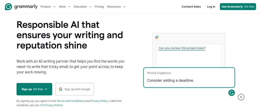 Grammarly_AI Writing Assistance Homepage