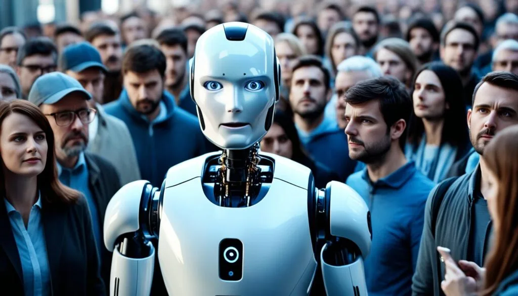 Undetectable AI robot struggling to blend in with a crowd of humans on a busy street