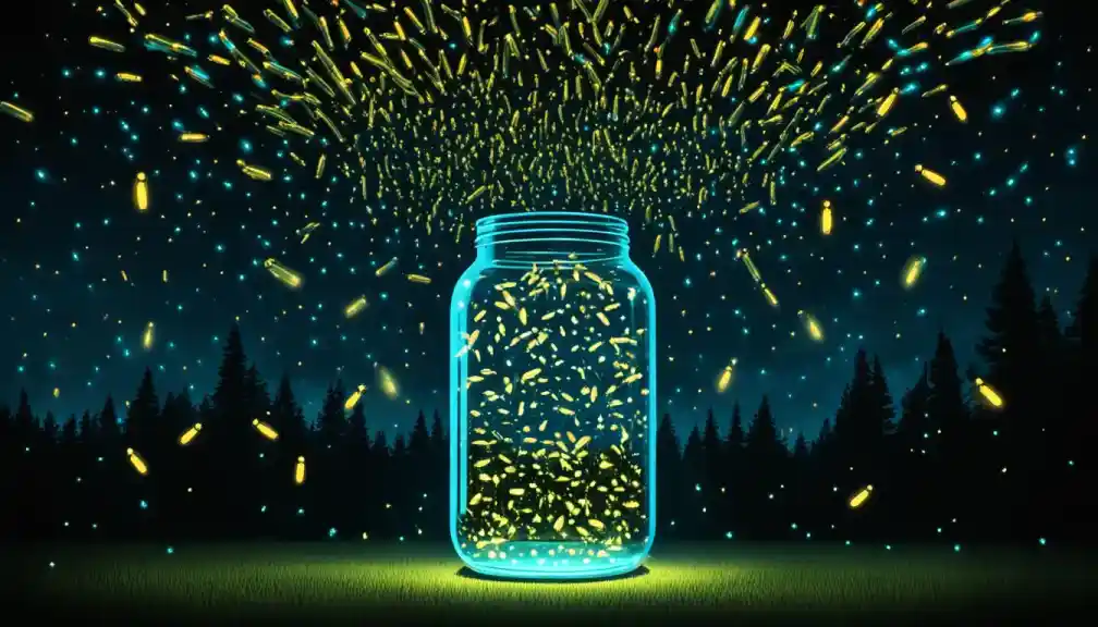 A glowing jar in the darkness filled with flickering fireflies, representing notes from the Fireflies.ai Notetaker tool.