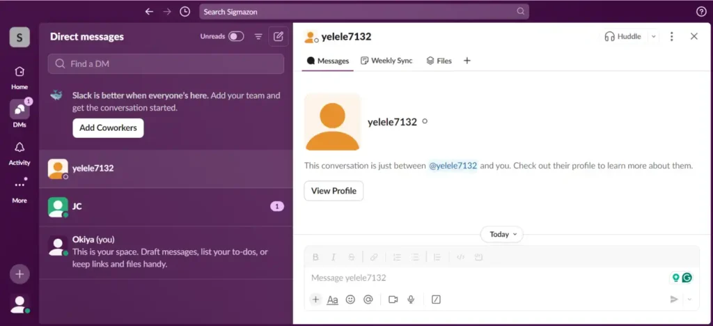 Screenshot of Slack's Direct Messaging on the Slack dashboard