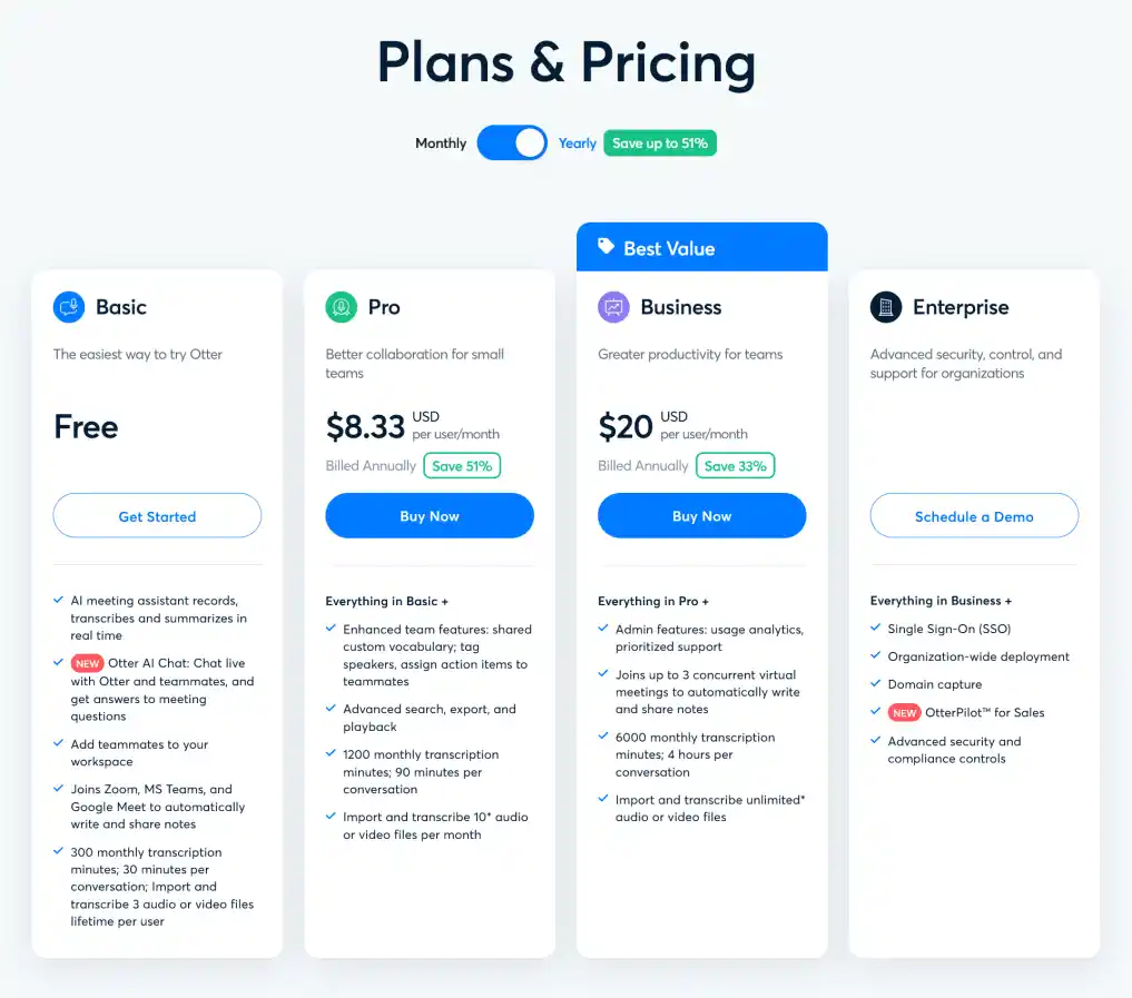 Otter.ai Annual Pricing Plans