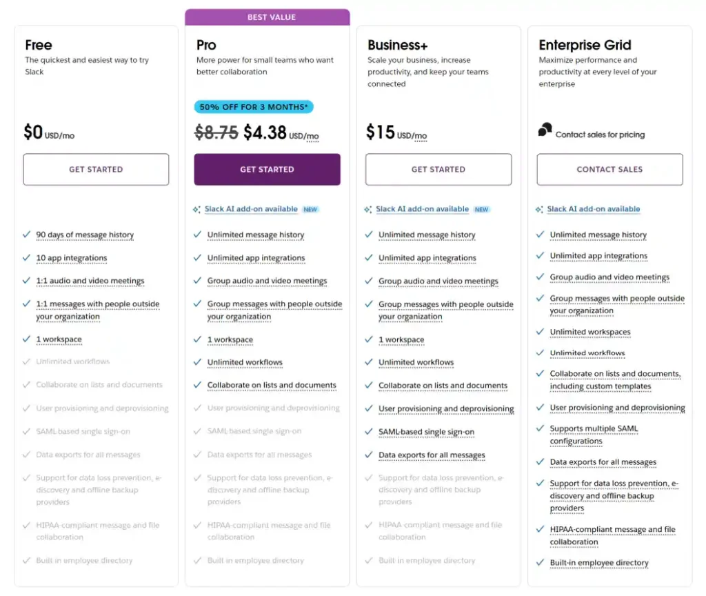 Slack Pricing plans comparison showing Free, Pro, Business+, and Enterprise Grid options.